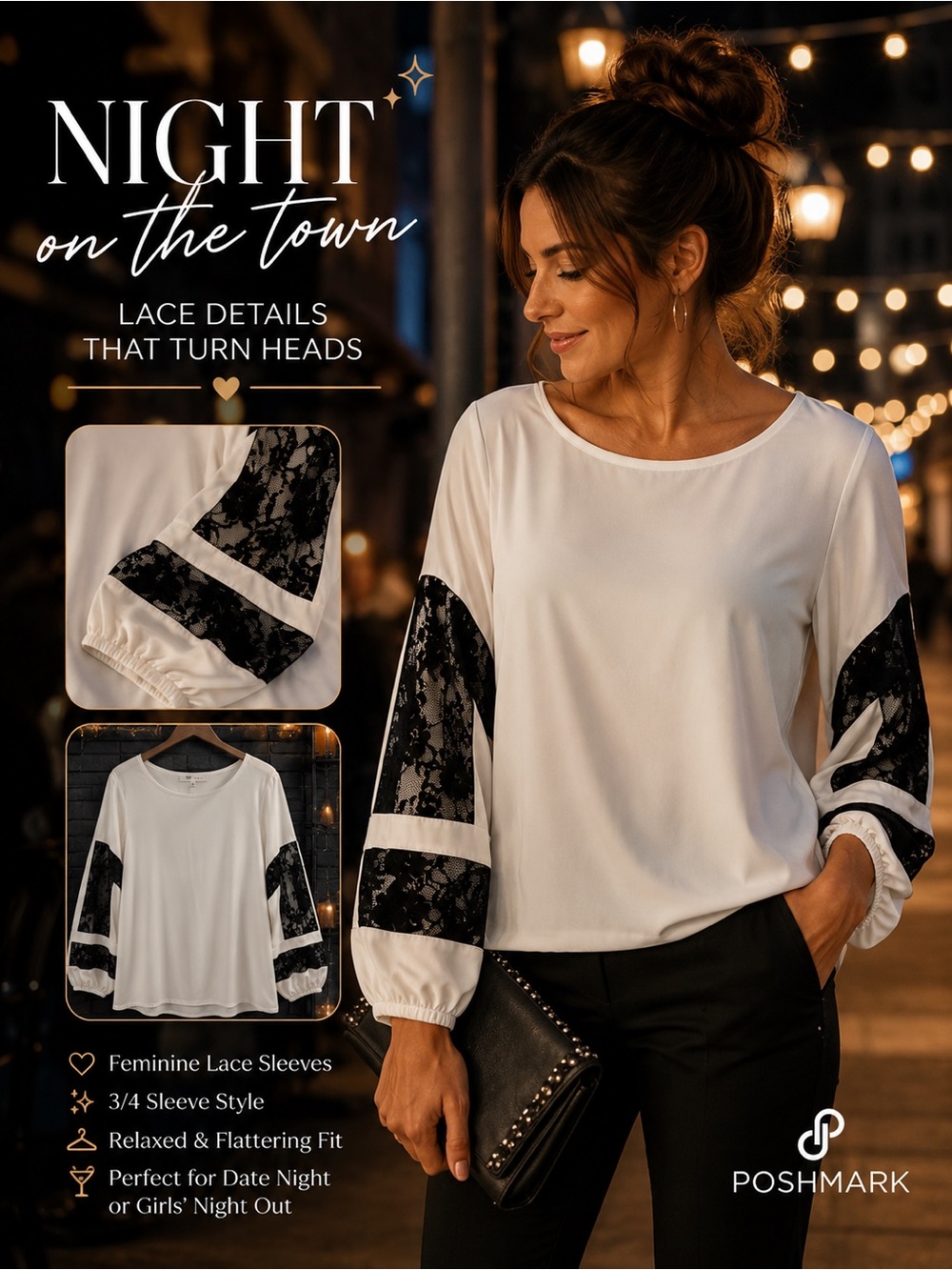 Fever White Blouse with Black Lace Sleeve Insets